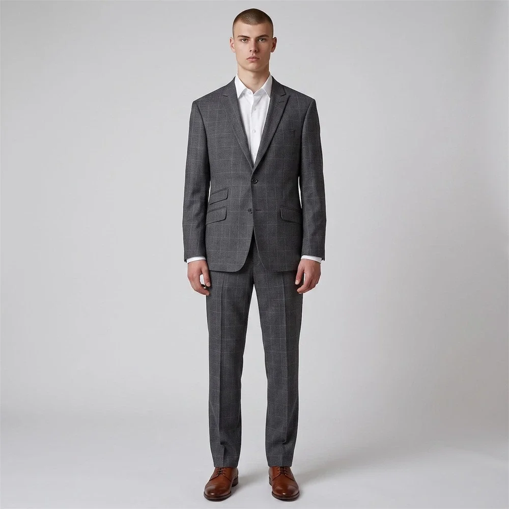 Banana Republic Marzotto Italian Wool Suit Men 44R 35x31 Grey Windowpane Check